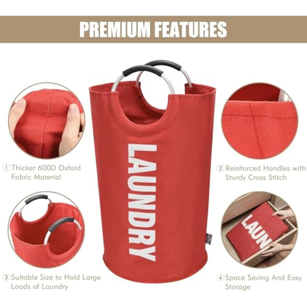 DOKEHOM 90L Large Laundry Basket, Collapsible Laundry Bag, Freestanding Tall Clothes Hamper, Foldable Washing Bin (Red)