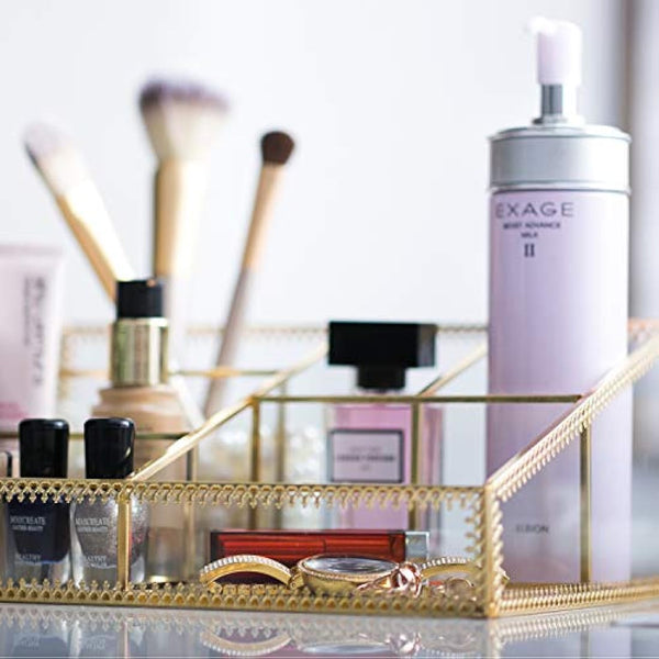 Makeup Organizer Antique Countertop Cosmetic Storage Box Glass Beauty Display, Gold Spin Large Capacity Holder for Brushes Lipsticks Skincare Toner