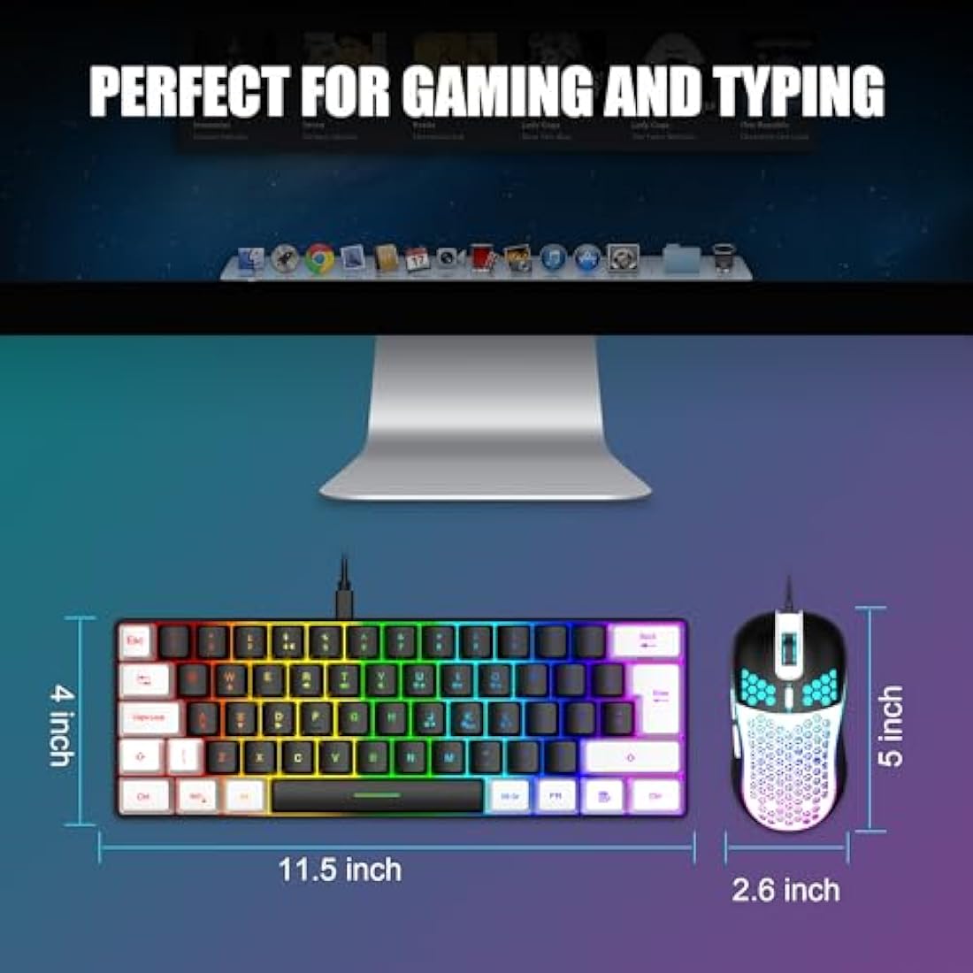 RedThunder 60% RGB Gaming Keyboard and Mouse Combo,UK Layout Ultra Compact Backlit Mini Keyboard, Lightweight 7200 DPI Cellular Optical Mouse, Portable Wired Gaming Set for PC PS5 Gamers (Black-White)