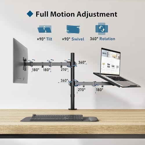 BONTEC Monitor Arm with Laptop Tray, Laptop Desk Mount for 13-27 Inch Screen and 17 Inch, Height Adjustable Full Motion VESA Mount, Tilt Swivel 360° Rotation, Cable Management Included
