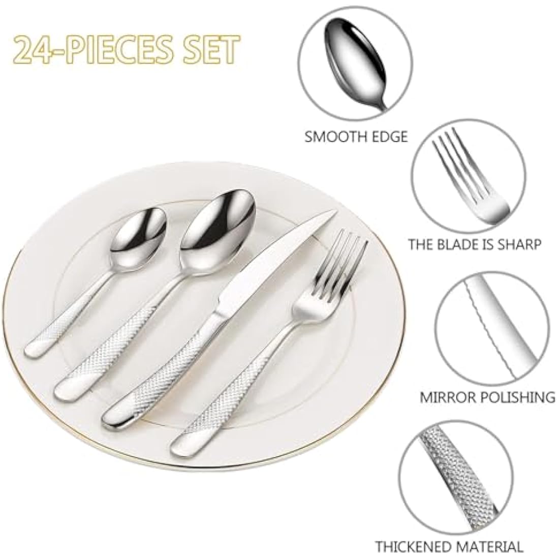 Cutlery Set with Stand, 24 Piece Gold Silverware Set Cutlery Set, Stainless Steel Flatware Set for 6 Person, Mirror Polished Tableware Set with Holder for Home Kitchen (Silver)