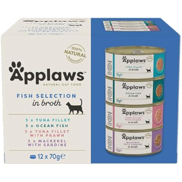 Applaws Natural Wet Cat Food, Multipack Fish Selection in Broth 70 g Tin (Pack of 12)