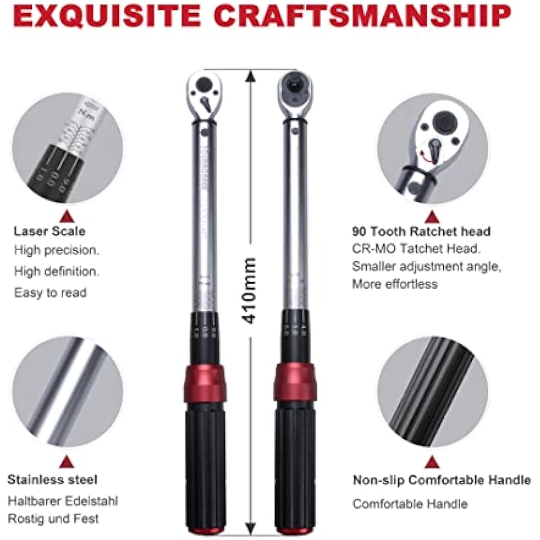 FOURROBBER 3/8-inch Drive Dual-Direction Click Torque Wrench Set 90-Tooth High Accuracy ± 3% Torque Wrench with Buckle 20-140Nm