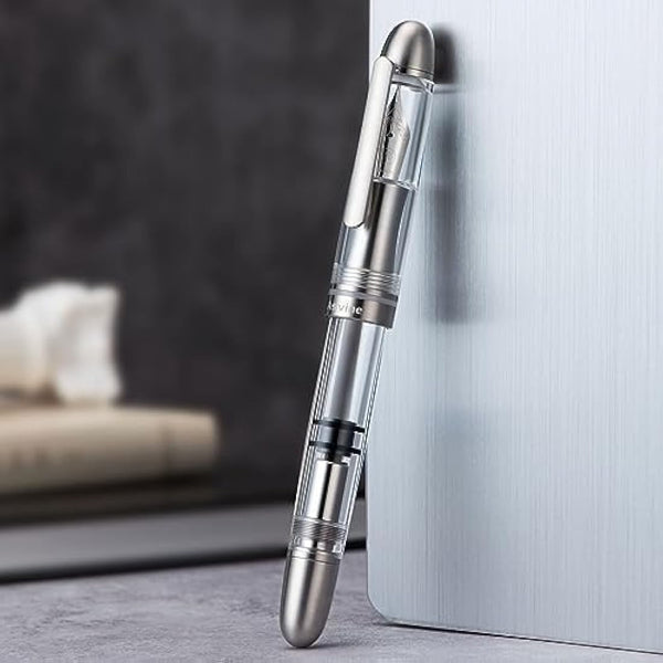 Asvine P36 Titanium Fountain Pen Piston Filling, Bock Medium Nib Clear Transparent Acrylic Smooth Writing Pen Case Set, Torpedo shape