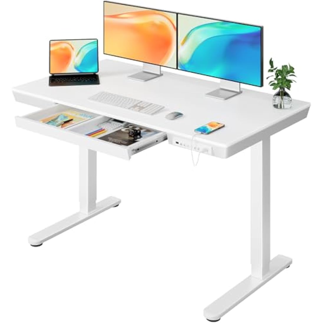 ErGear Electric Standing Desk, 120 x 60cm Height Adjustable Standing Desk with Drawer & 2 Charging Ports, 3 Memory Standing Up Desk for Home Office (White Top+White Frame)