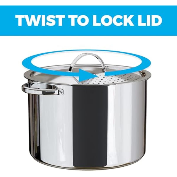 Stainless Steel Pasta Pot with Locking Strainer Lid - 5.5 Quart Large Capacity Cooking Pot | Twist & Lock for Easy Drain & No Colander Or Strainer Basket Insert Needed | Dishwasher Safe