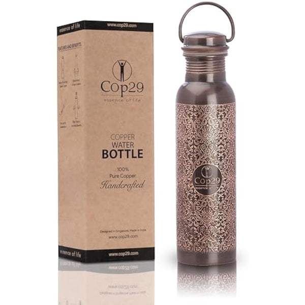 Cop29 Handcrafted Engraved Premium Design Pure Copper Tulip Antique Water Bottle with Handle : Joint Free & Leak Proof -900ml/30oz
