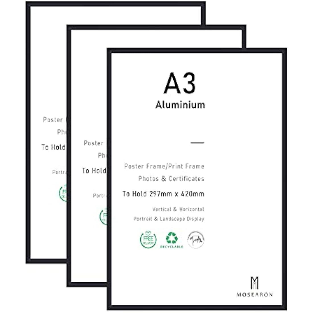 A3 Certificate Picture Frame,3 Pack Black Aluminum Photo Frame with plexiglass for Wall Mount Display,29.7x42 cm,Set of 3