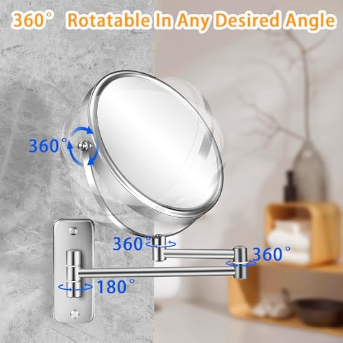 AusDaur Wall Mounted 10X Magnifying Makeup Mirror 8" Double-Side With Extension Arm 360 Swivel for Bathroom and Hotel - Chrome