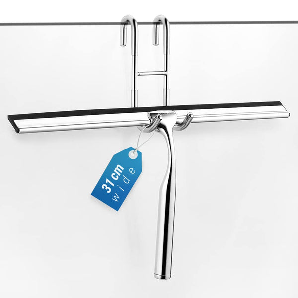 General Squeegee Stainless Steel Shower Wiper 31cm Shower Squeegee Without Drilling Window Puller with Wall Hanger 2 Silicone Wiper Lip for Bathroom