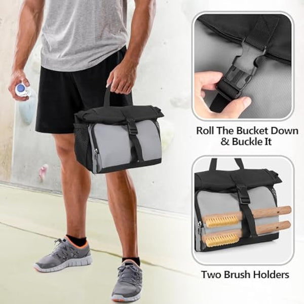 PGmoon Chalk Bucket for Climbing & Bouldering, Chalk Bag Pot with 2 Zippered Pockets, 2 Side Pockets & 4 Brush Holders.