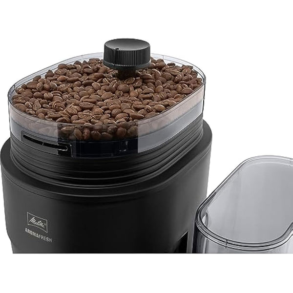 Melitta Filter Coffee Machine with Integrated Ceramic Grinder with 11 Settings, Adjustable Strength, Makes 2 to 10 Cups, Timer Function, AromaFresh II, 3.7 kg, Black, UK Plug