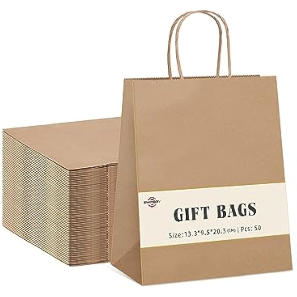 Switory 50pc Small Party Bags with Handles, Brown Gift Bags and Paper Bags for Present to Party Favor, Christian, Thanksgiving, Christmas, Birthday, Wedding, 5.25x3.75x8 Inch