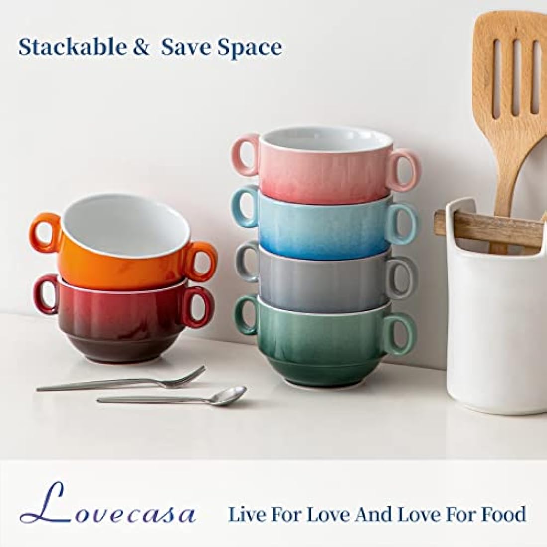 LOVECASA Soup Bowls with Handles 380ml 13 oz, Ceramic French Onion Soup Bowl crocks Oven & Microwave Dishwasher Safe, Porcelain Stackable Handled Bowls Set of 6