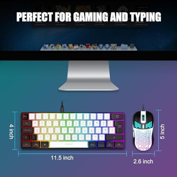 RedThunder 60% RGB Gaming Keyboard and Mouse Combo,UK Layout Ultra Compact Backlit Mini Keyboard, Lightweight 7200 DPI Cellular Optical Mouse, Portable Wired Gaming Set for PC PS5 Gamers(White-Black)