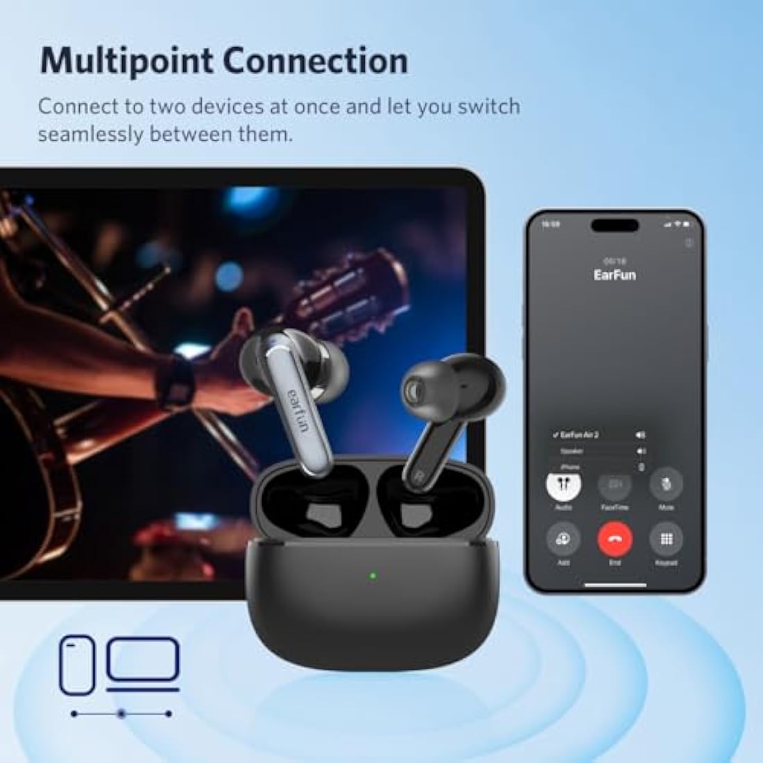 EarFun Air 2 Wireless Earbuds, Bluetooth 5.3 Earphones with Hi-Res Sound, LDAC Codec, 10mm Wool Drivers, Multipoint Connection, 4 Mics ENC Clear Calls, IPX7 Waterproof, App Customization, 40H Playtime
