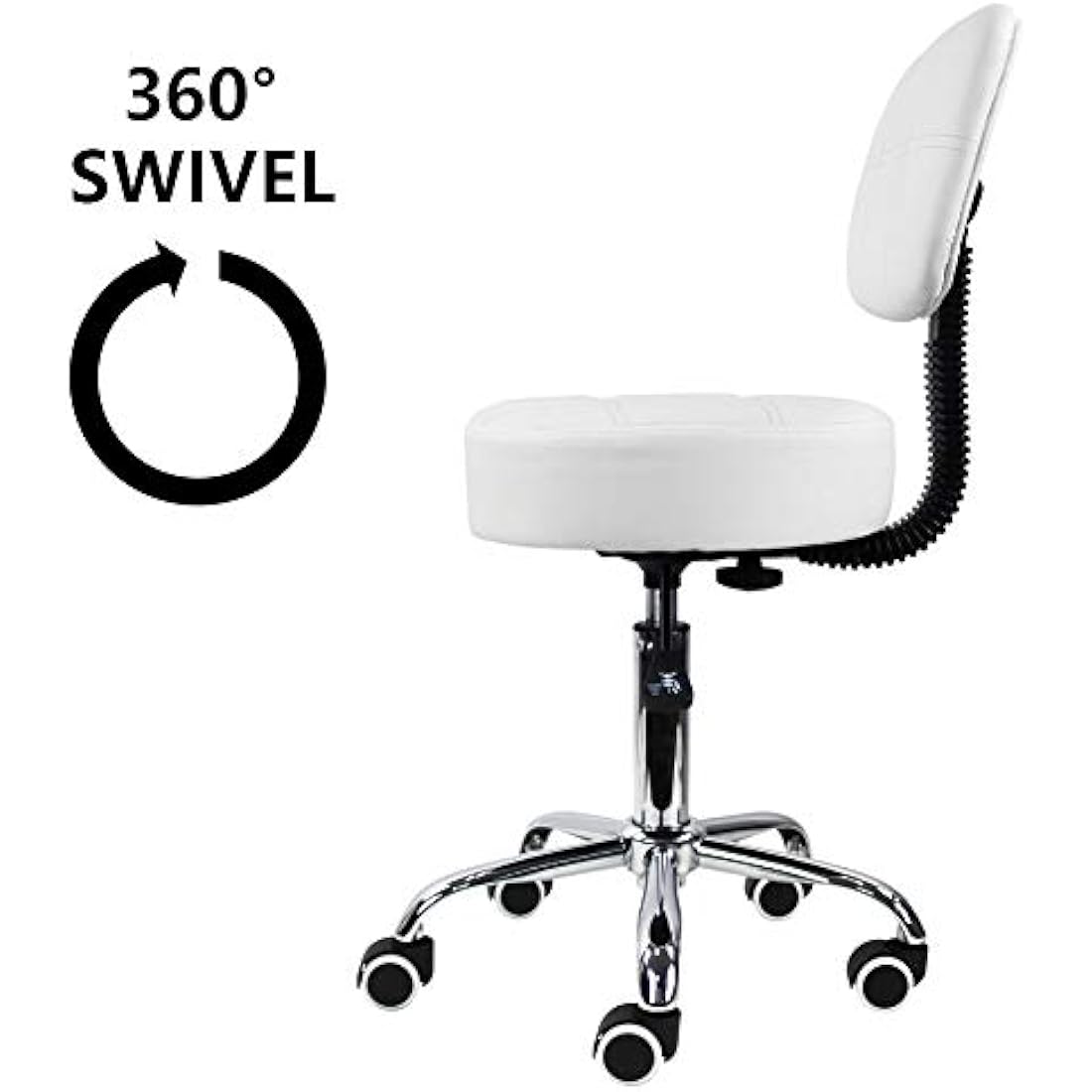 KKTONER Round Rolling Stool with Back PU Leather Height Adjustable Swivel Drafting Work SPA Salon Stools Chair with Wheels (White)