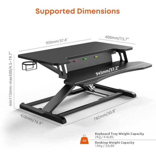PUTORSEN Standing Desk Converter, 37'' Dual Tiered Sit-Stand Desk Riser with Keyboard Tray, Height Adjustable Computer Workstation with Cup Holder and Note Board up to 15kg, Black