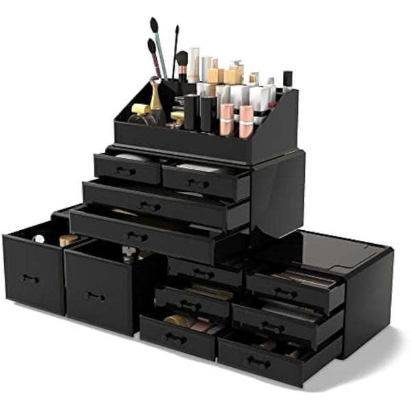 READAEER Makeup Cosmetic Organizer Storage Drawers Display Boxes Case with 12 Drawers (Black)