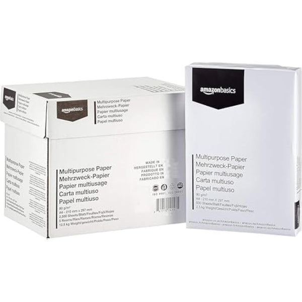 Amazon Basics Multi-Purpose Copy Printer Paper, A4 80 GSM, 2500 Count (Pack of 5), White