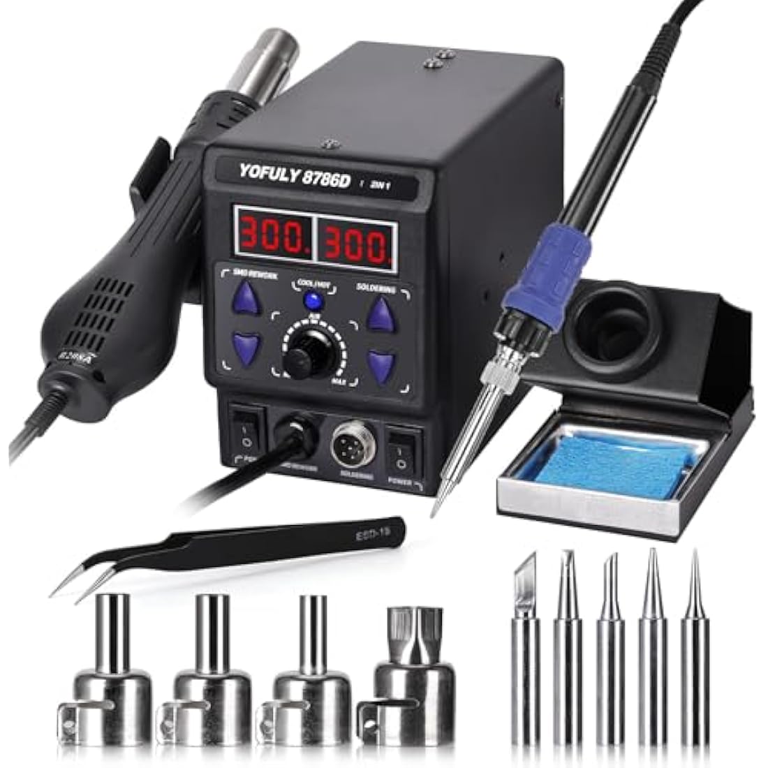Yofuly 750W Soldering Iron Station, 2 in 1 Hot Air Gun Rework Station Cold/Hot Air Conversion 100~480°C/212~896℉ Adjustable Digital Temperature Solder Station 8786D SMD Soldering & Desoldering Kit