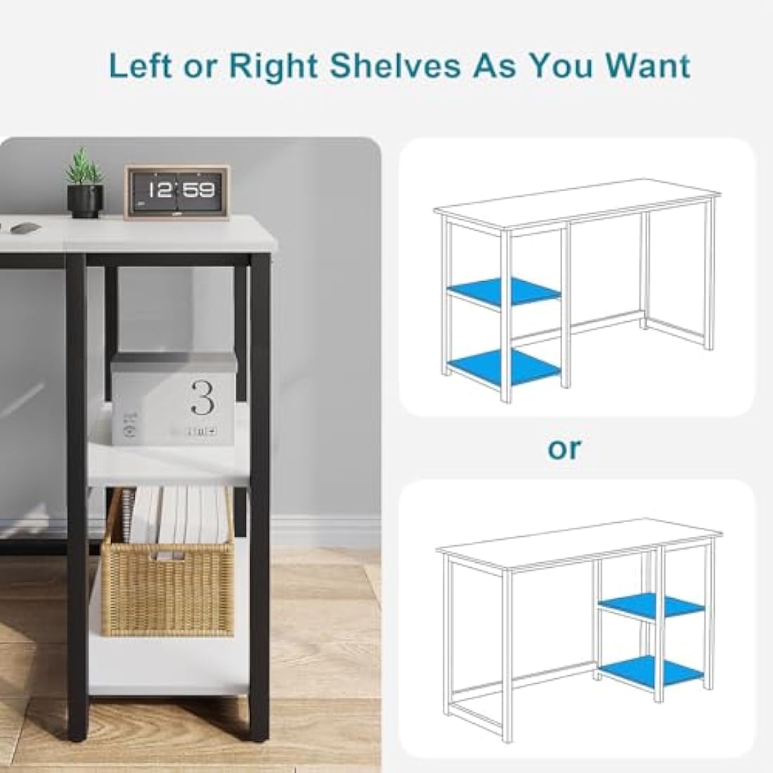 WOHOMO Computer Desk 120cm with 2-Tier Shelves Sturdy Home Office Desk with Large Storage Space Modern Gaming Desk Study Writing Laptop Table, White Desk