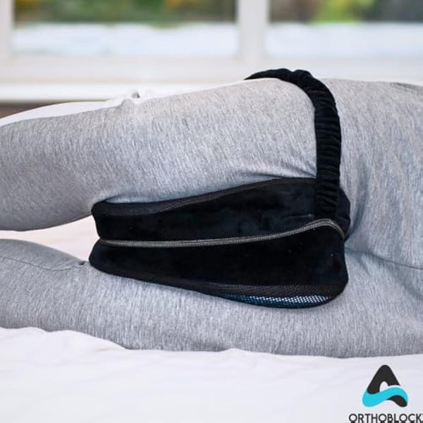 ORTHOBLOCK Knee Pillow with Training Video incl | Pain Relief for Lower Back, Hip, Knee, and Joint Discomfort, Sciatica, and Pregnancy | Side Sleepers | Premium Velour Memory Foam Leg Cushion