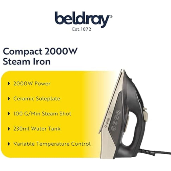 Beldray BEL01848 2000W Steam Iron – Compact Traditional Iron, Ceramic Soleplate, 230ml Water Tank with Spray Function, 100 G/Min Steam Shot, Variable Temperature Control, Anti-Drip, 1.9m Power Cord