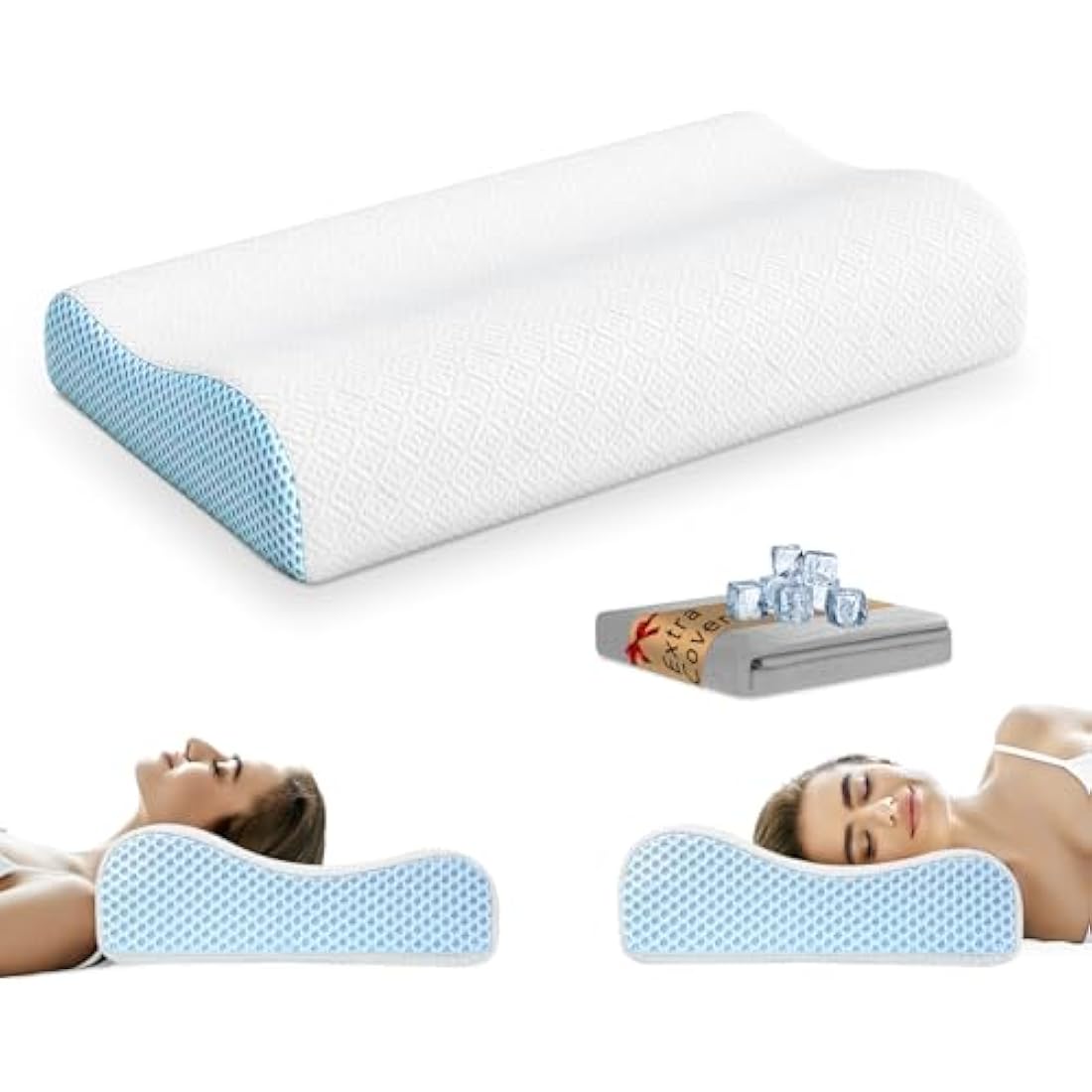 PKBD Memory Foam Pillow with Replacement Pillowcase(Cooling Ice Silk&Cotton),Neck/Shoulder Pain Relief,Ergonomic Orthopedic Cervical Pillow,Bed Pillow for Side,Back,Stomach Sleepers