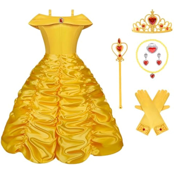 Vicloon 9 Pcs Princess Belle Costume Dress,Little Girl Princess Dresses Fancy Dress Childs Party Outfit with Crown Wand Gloves Necklace Ring and Earrings Yellow
