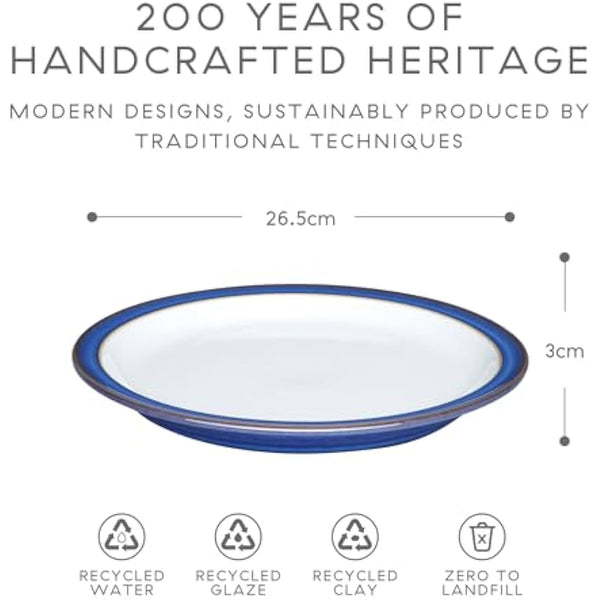 Denby - Imperial Blue Dinner Plates Set of 2 - Dishwasher Microwave Safe Crockery 26.5cm - Blue, White Ceramic Stoneware Tableware - Chip & Crack Resistant Large Plates