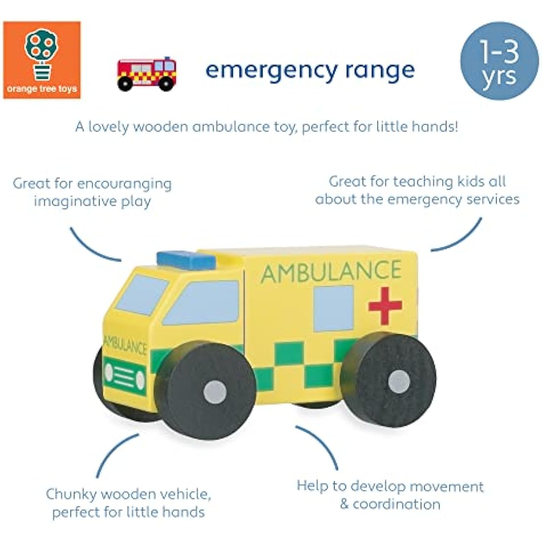 My First Ambulance Toy- Wooden Emergency Vehicles, Toy Cars - Wooden Toys 1 Year Old and Toddler Toys - Fun Educational Small World Toys, Early Development & Activity Toys by Orange Tree Toys