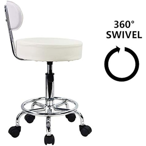KKTONER PU Leather Rolling Stool Mid-Back with Footrest Height Adjustable Office Computer Home Drafting Swivel Task Chair with Wheels (White)