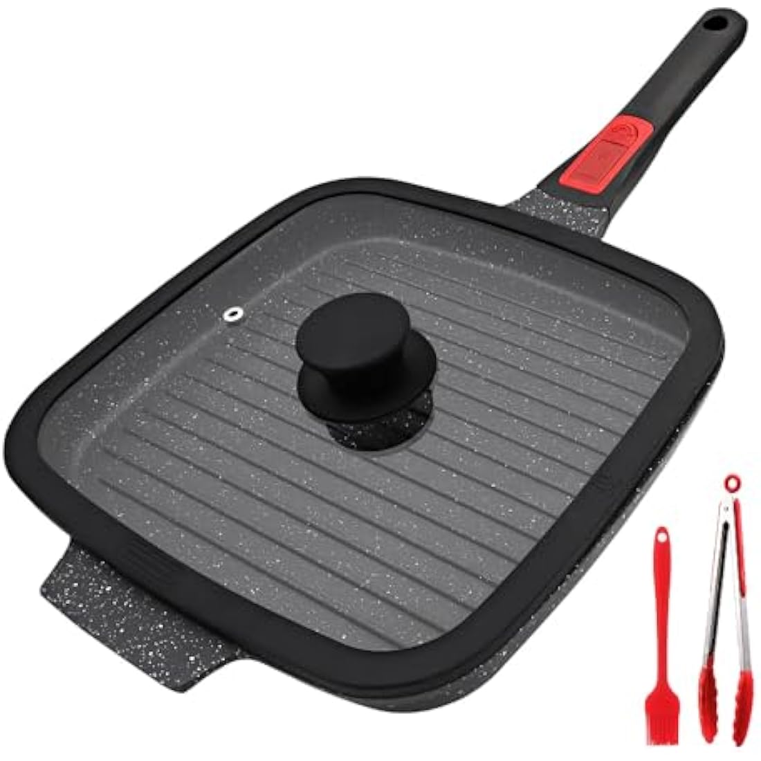RANX INGST Griddle Pan with Lid, 26 x 24 cm Cast Aluminium Non Stick Steak Pan with Detachable Handle for Induction Hob, Black