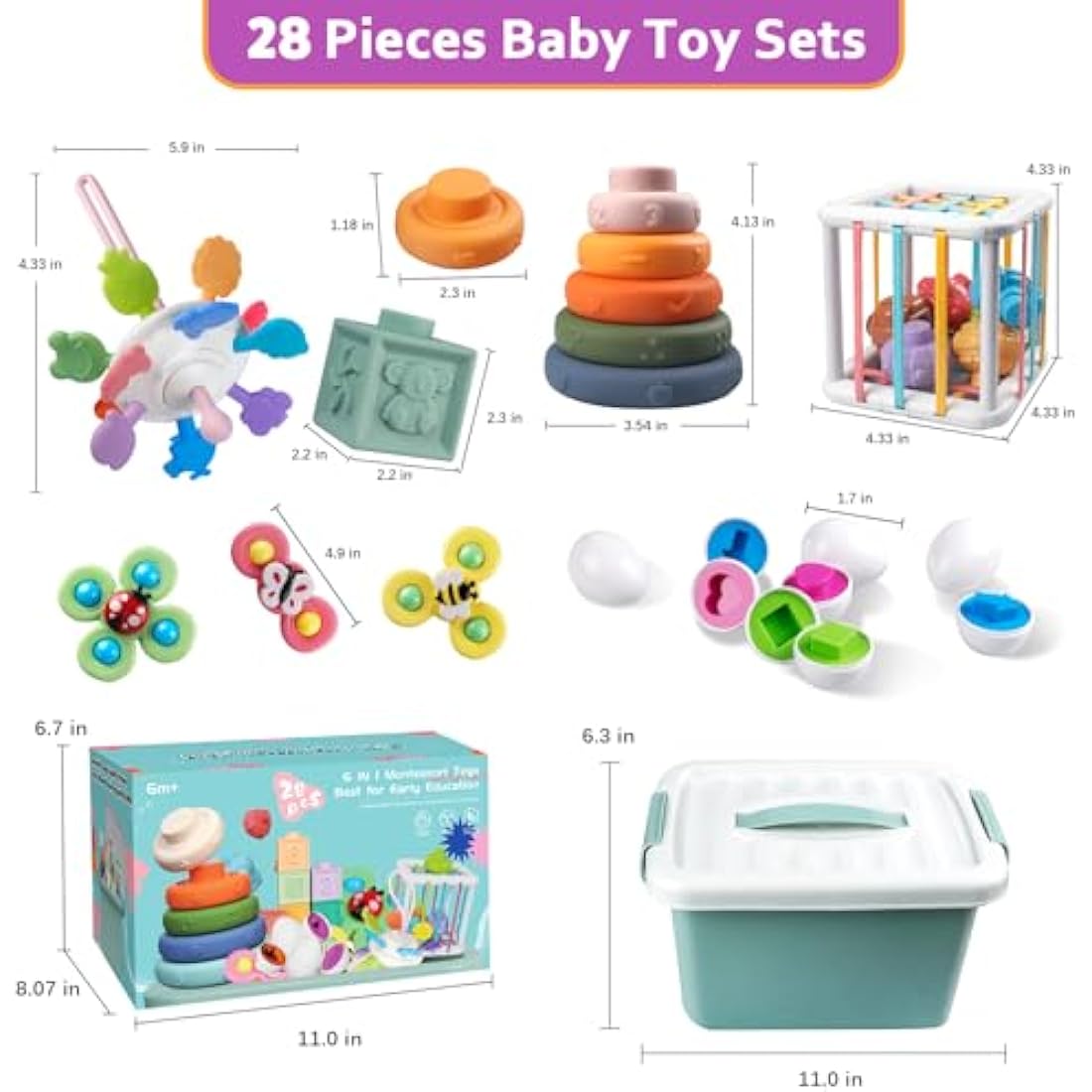 Weilim Baby Toys for 6 to 12 Months, Montessori Babies, Sensory Bins Toddlers 1-3, Pull String Teether Infants Bath in 1 Stacking Blocks Rings, Matching Eggs, Suction Cup Spinner Toy