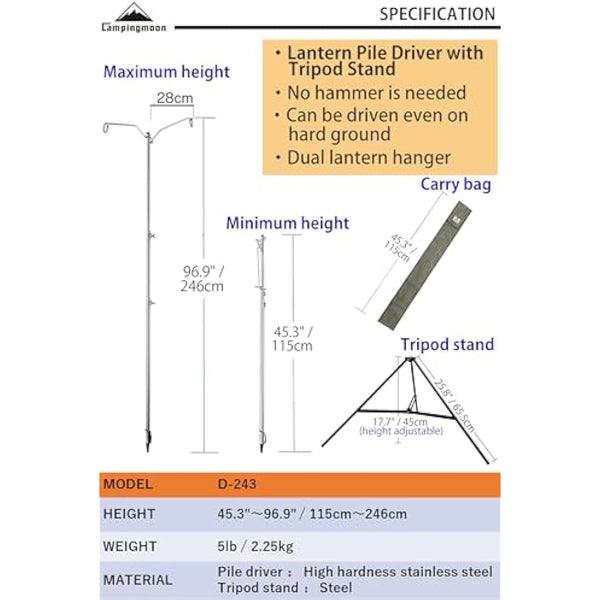 camping moon CAMPINGMOON Heavy Duty Stainless Steel Lantern Pile Driver Height Adjustable with Tripod Stand and Storage Bag D-240, D-243