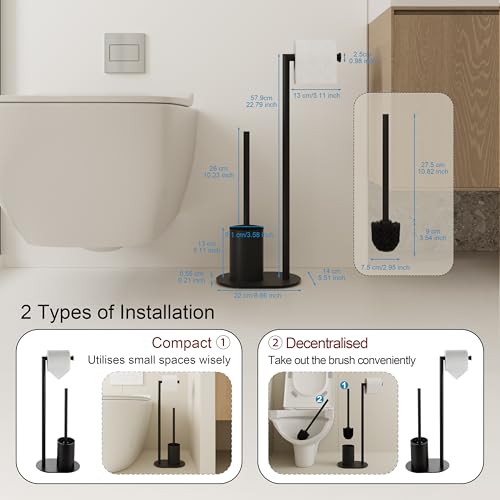BVL Toilet Roll Holder with Toilet Brush Black, Stainless Steel Free Standing Toilet Brush, Toilet Brush and Toilet Paper Holder