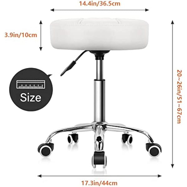KKTONER Round Rolling Stool Chair PU Leather Height Adjustable Shop Stool Swivel Drafting Work SPA Salon Stools with Wheels Office Chair (White)