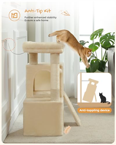 PETEPELA Cat Tree 77cm with Dual Condos for Indoor Cats, Small Cat Tower with Removable Perch and Scratching Posts Pad, Beige