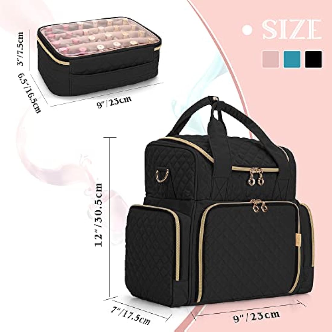 Luxja Nail Polish Organiser Hold 48 Bottles and a Nail Lamp, Nail Polish Case with 2 Removable Bags and Tools Storage Pockets (Patented Design), Black