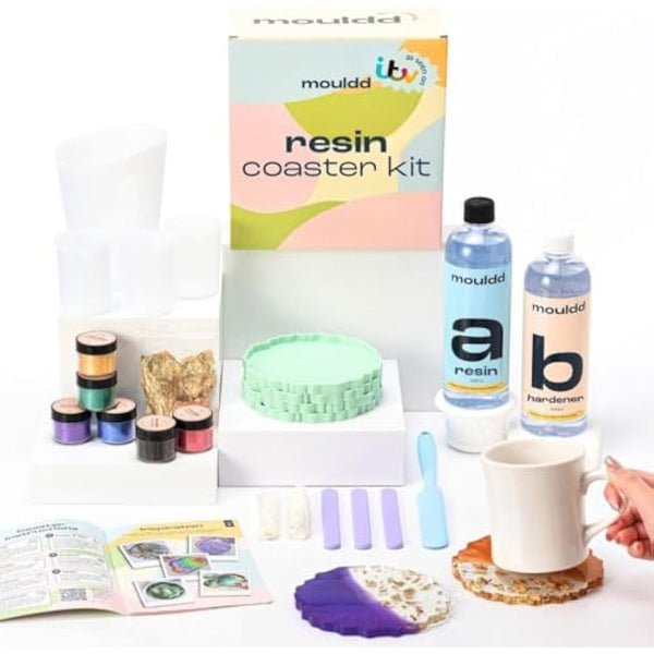 Mouldd at Home Resin Coaster Craft Kit for Adults - Make 10 Drinks Coasters - Includes 1L Epoxy Resin, Tools, Colours, Gloves and How-to-Guide