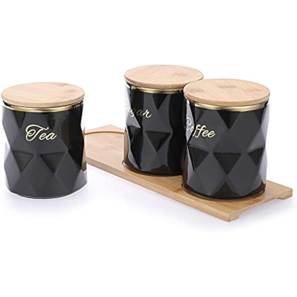 BTSKY Black Ceramic Sugar Coffee Tea Canisters with Lid and Tray - Airtight Set of 3 Storage Canisters Food Storage Containers Pots Jars with Bamboo Lid for Kitchen Counter