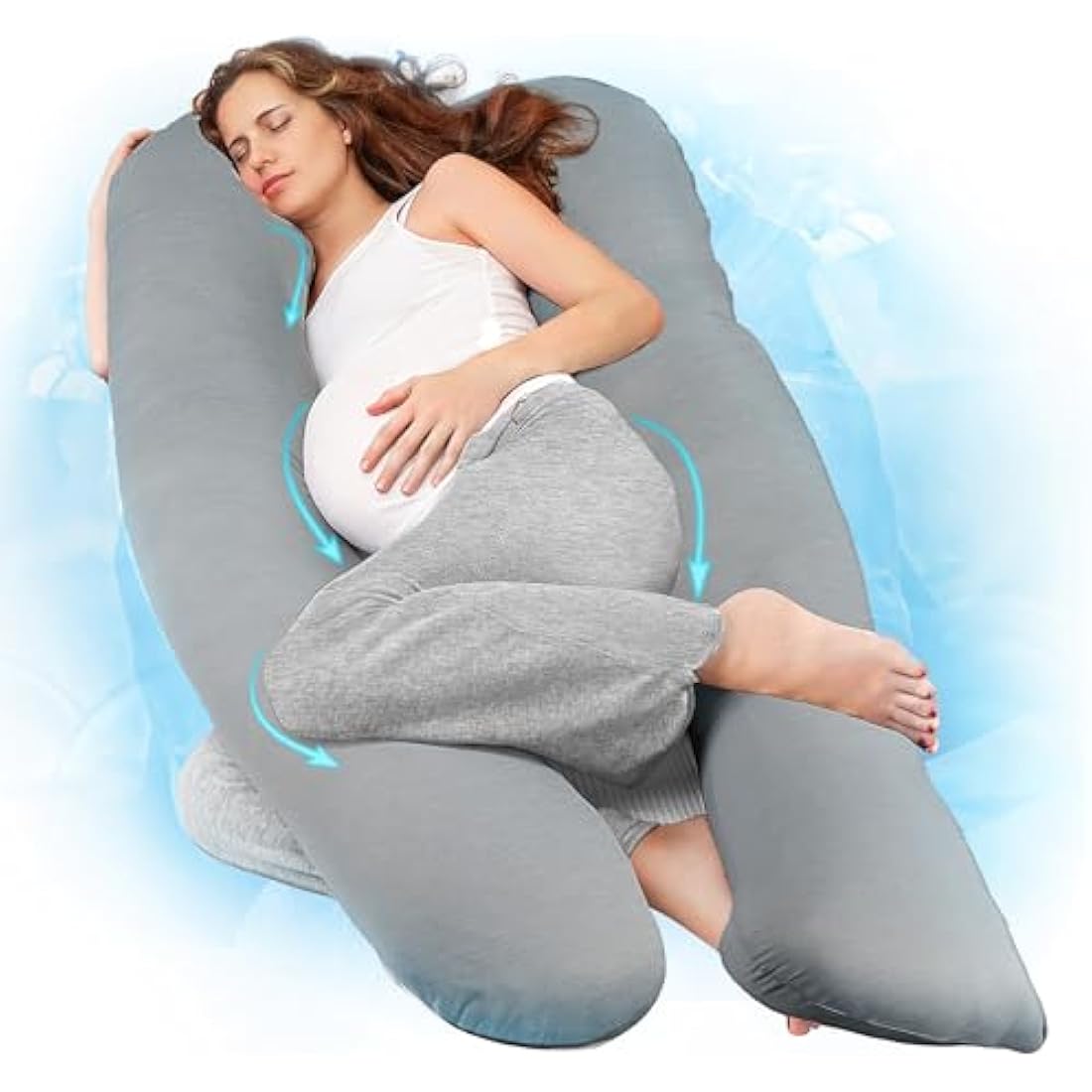 Nuliie Pregnancy Pillow for Sleeping, U Shaped Full Body Pillow with Washable Cooling Fabric Cover, Maternity Pillow Support for Back, Hips, Legs for Pregnant Women (Cooling Light Grey)