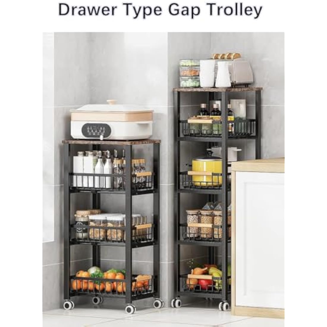 KOLENSA Metal Wire Baskets with Wheels, Stackable Storage Bins Kitchen Organizer Shelf, Multi Layer Fruit Vegetable Cart Dishes Seasonal Rack Freestanding with Pull Out Slide Drawer