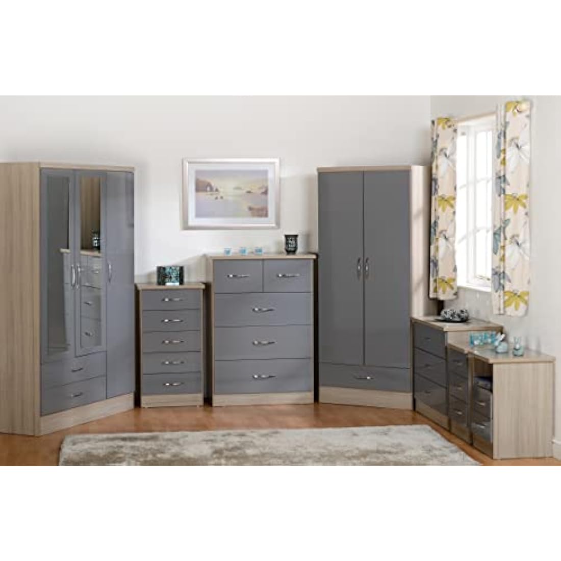 Seconique Nevada 3 Drawer Bedside in Grey Gloss/Light Oak Effect Veneer