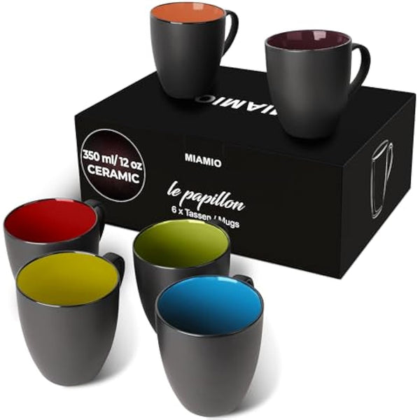 MIAMIO - 6 x 350 ml Stoneware Coffee Mug/Cup Set - Le Papillon Collection (Mixed)
