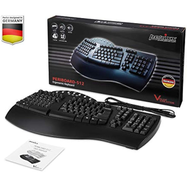 Perixx PERIBOARD-512 Ergonomic Split Keyboard, Curved Design, Wired USB, Multimedia Keys, UK QWERTY Layout, Black