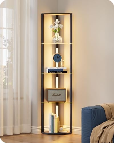 EDISHINE LED Floor Lamps with Glass Shelves, 4 Layers Wood Dimmable Standing Lamp, 360° Rotatable Poles, Corner Floor Lamps for Living Room Bedroom Office, Black