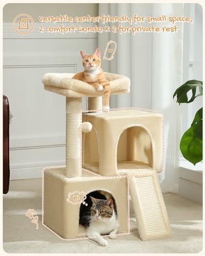 PETEPELA Cat Tree 77cm with Dual Condos for Indoor Cats, Small Cat Tower with Removable Perch and Scratching Posts Pad, Beige