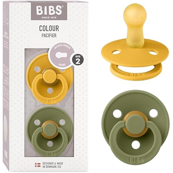 BIBS Colour Soother 2-Pack, BPA Free Dummy Pacifier, Round Nipple. Natural Rubber Latex, Size 2 (6-18 Months), Honey Bee/Olive